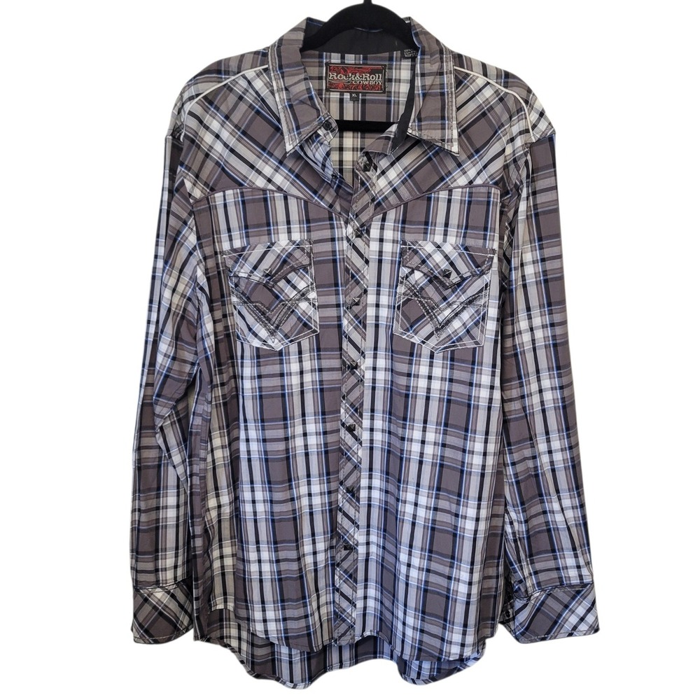 Rock & Roll Cowboy Mens Grey Blue Plaid Western Long Sleeve Shirt XL